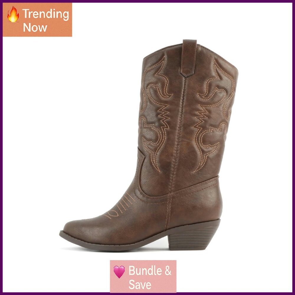 Knee High Western Cowboy Boots Pointed Toe Low Block Heel Stitched